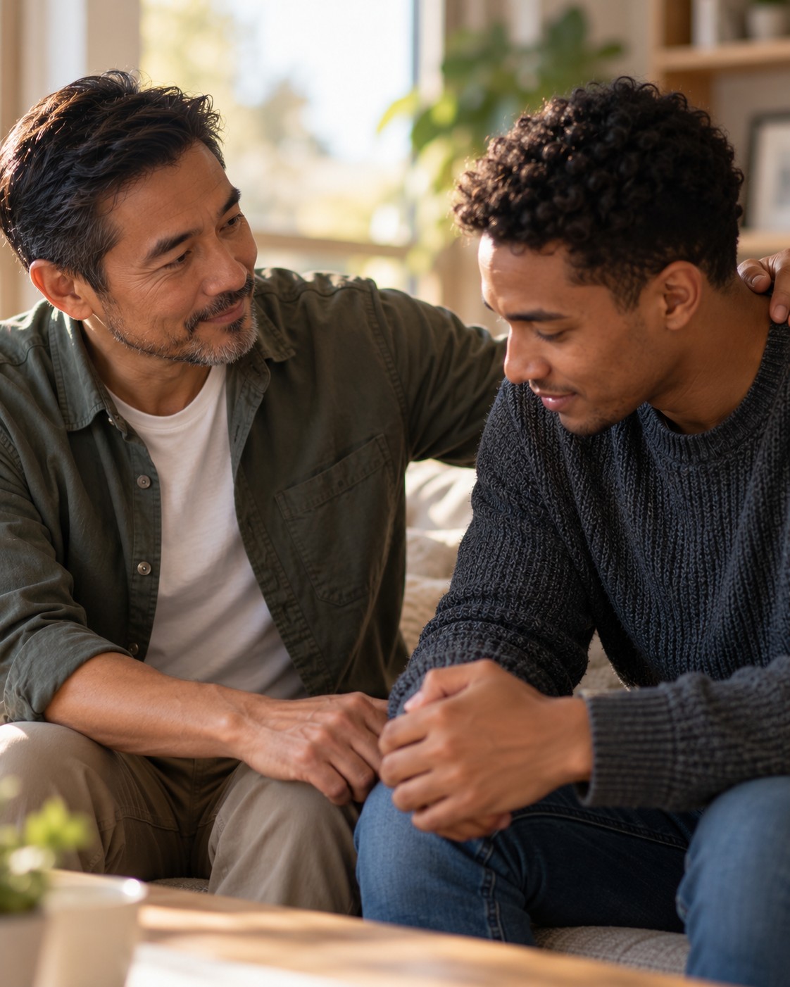 A gentle, supportive moment between two people, one offering quiet comfort to the other