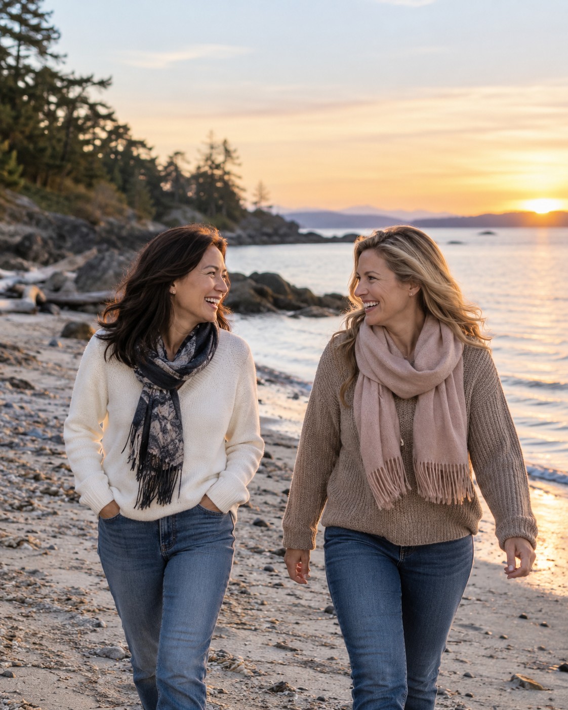 Two friends walking together along the shoreline at sunset, sharing an easy conversation