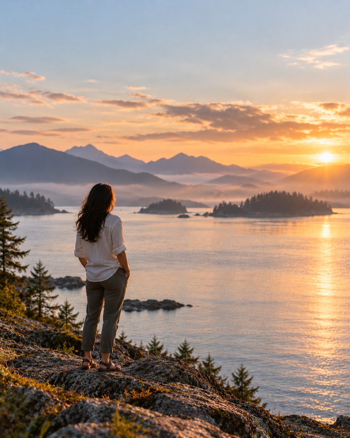 Golden light over misty coastal islands beneath a wide, open horizon