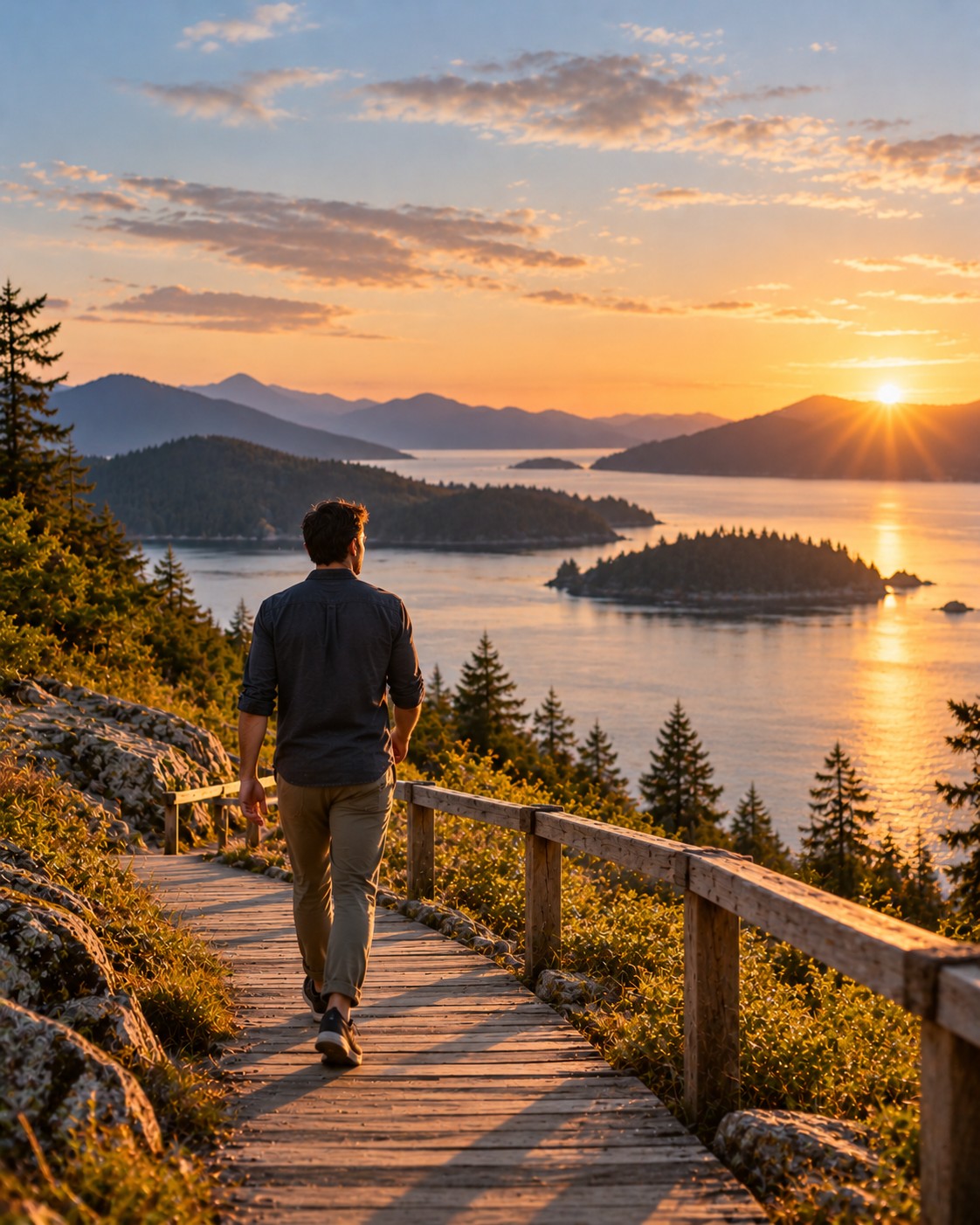 A coastal boardwalk stretching toward the horizon in warm golden-hour light