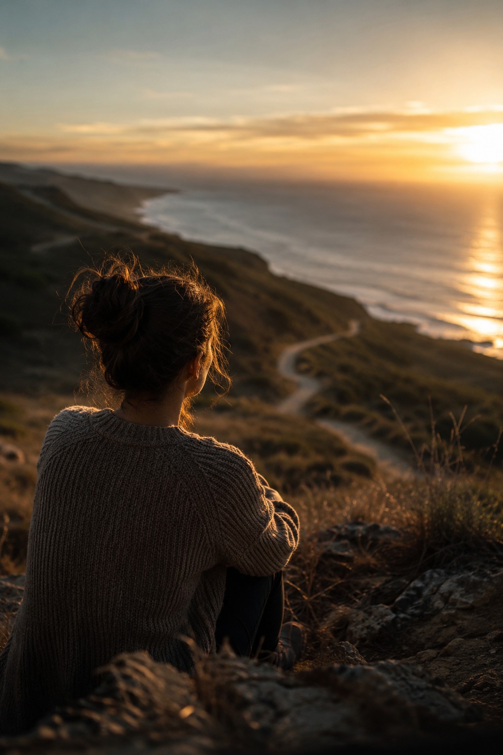 A solitary figure on the coast at sunset, looking out over the reflective water toward the horizon